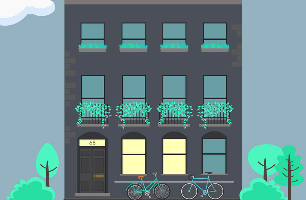 an SVG illustration of an office building, covered in trees